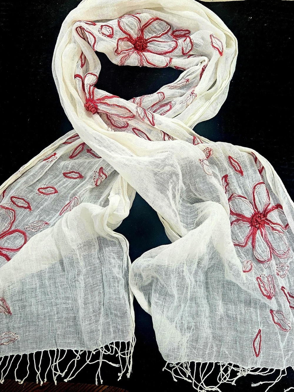 Embroidered Floral White Scarf with Red Accents